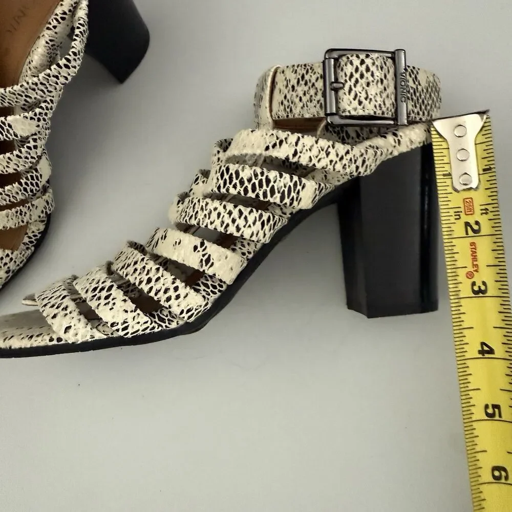 Vionic Sami Block Heel Sandal 6.5 Caged Black White Snake Print Very Comfy NWOB